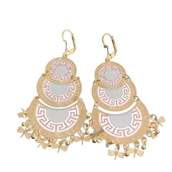 Gold Filled Womens Three Tones Greek Key Chandelier Butterfly Dangle Earrings - Picture 3 of 8